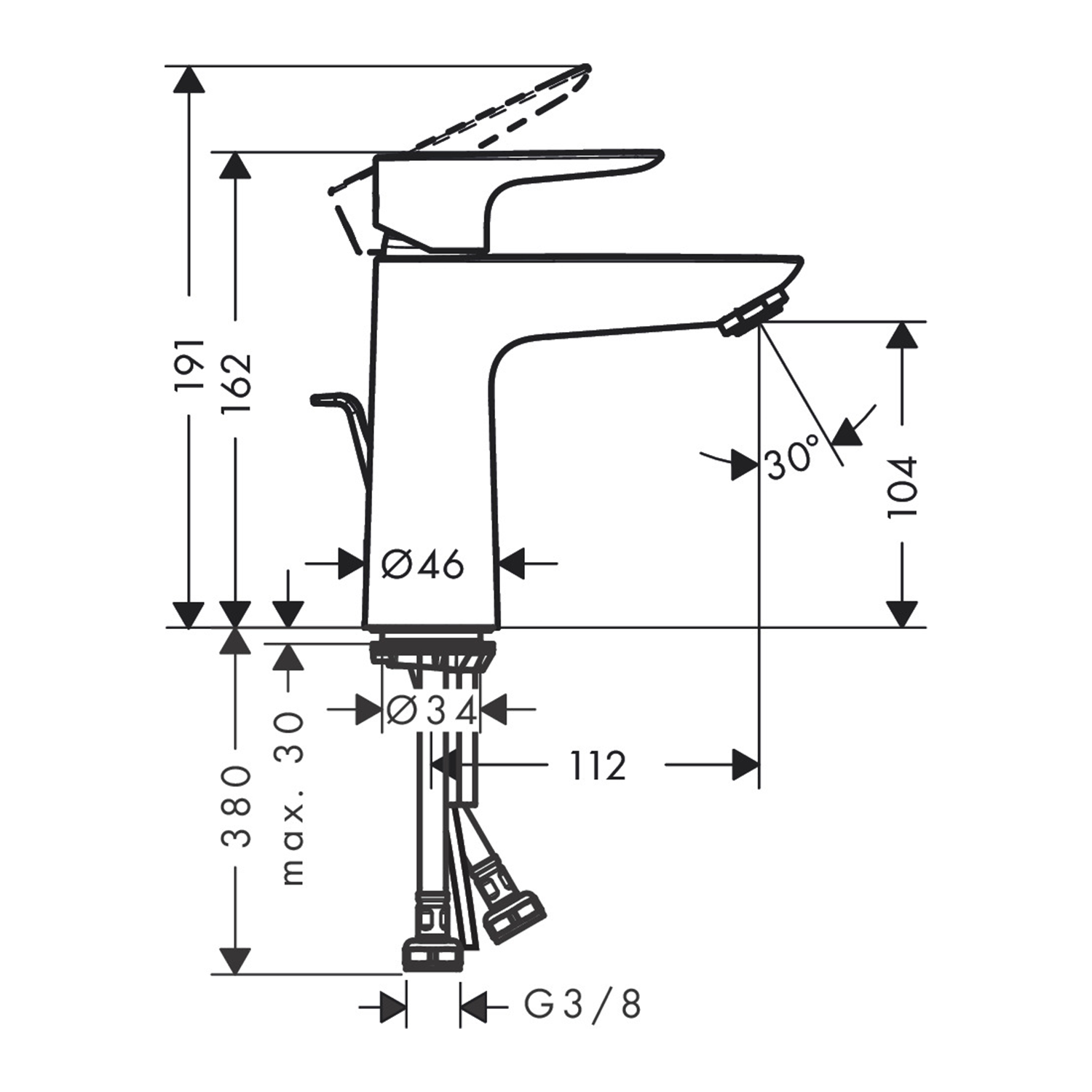 TalisE Single lever basin mixer 110 pop up waste technical