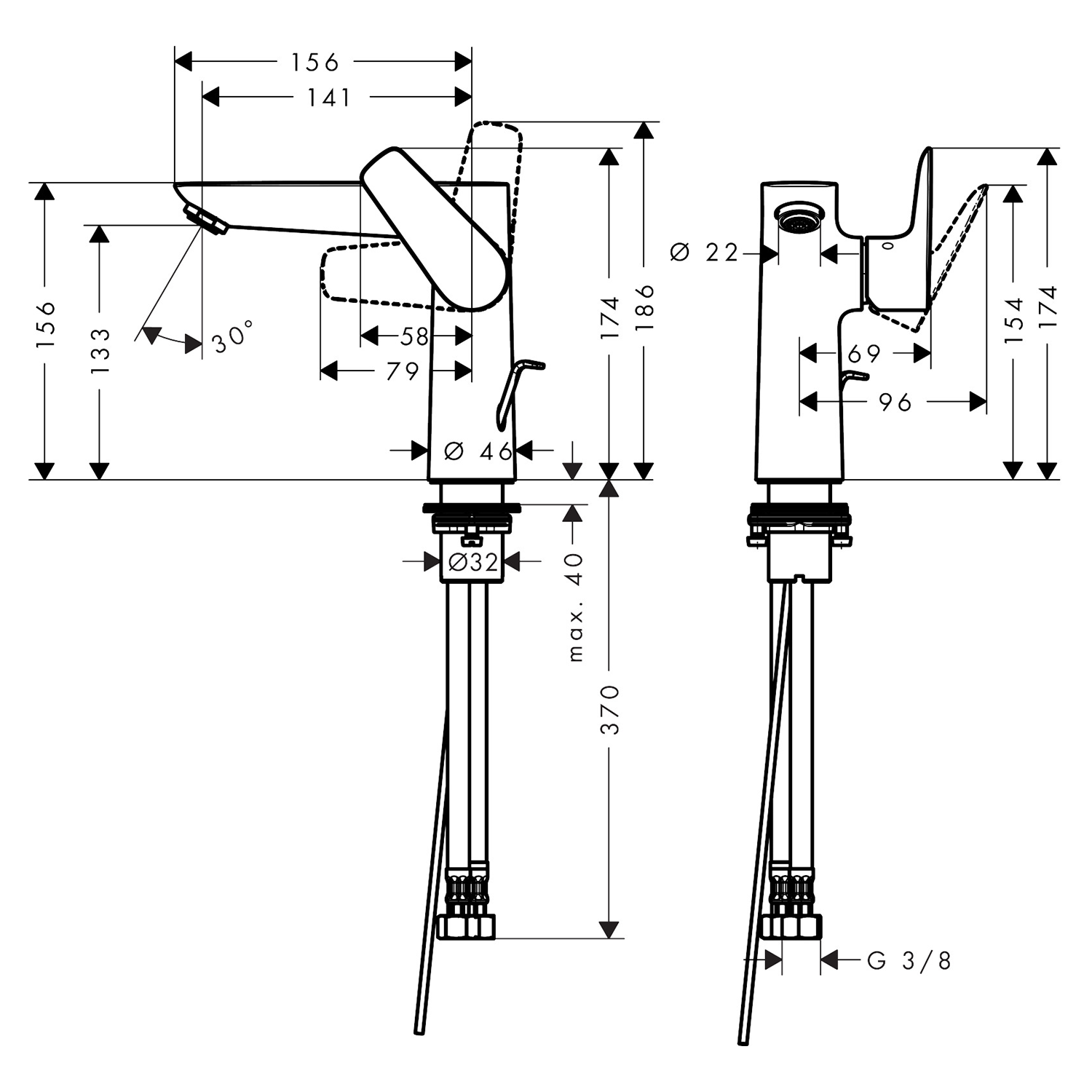 TalisE Single lever basin mixer 150 pop up waste technical