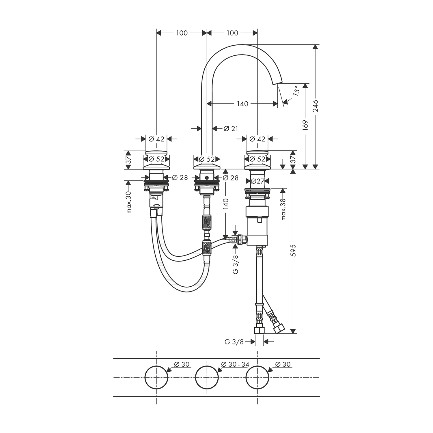 west one bathrooms online AXOR One 3 hole basin mixer Select 170 technical