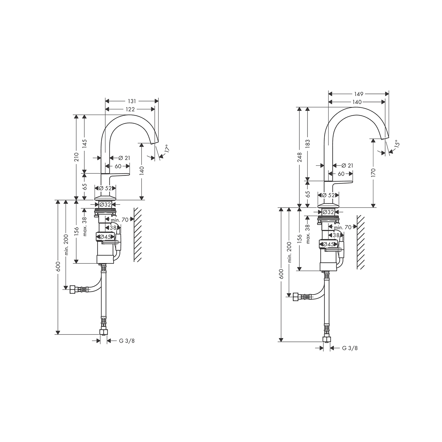 west one bathrooms online AXOR One Basin mixer Select 170 with push open waste set technical 1