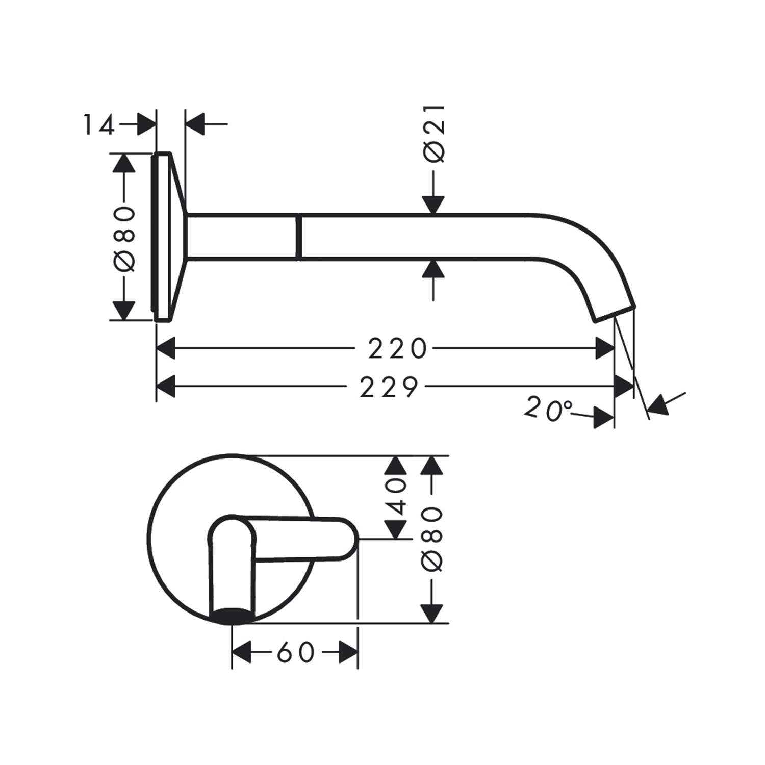 west one bathrooms online AXOR One Basin mixer wall mounted Select with spout 220mm technical