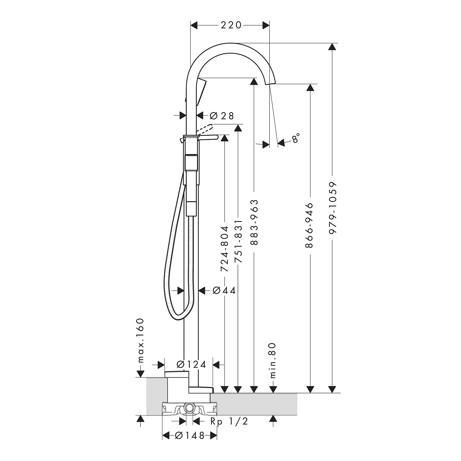 west one bathrooms online AXOR One Single lever bath mixer floor standing technical