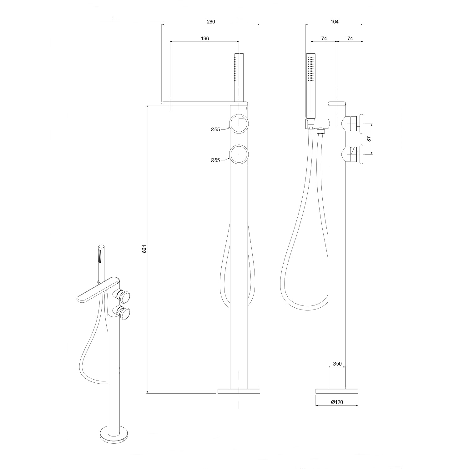 GLEP008WOC00 GLAM Floor Standing Bath Mixer With Hose & Hand Shower technical