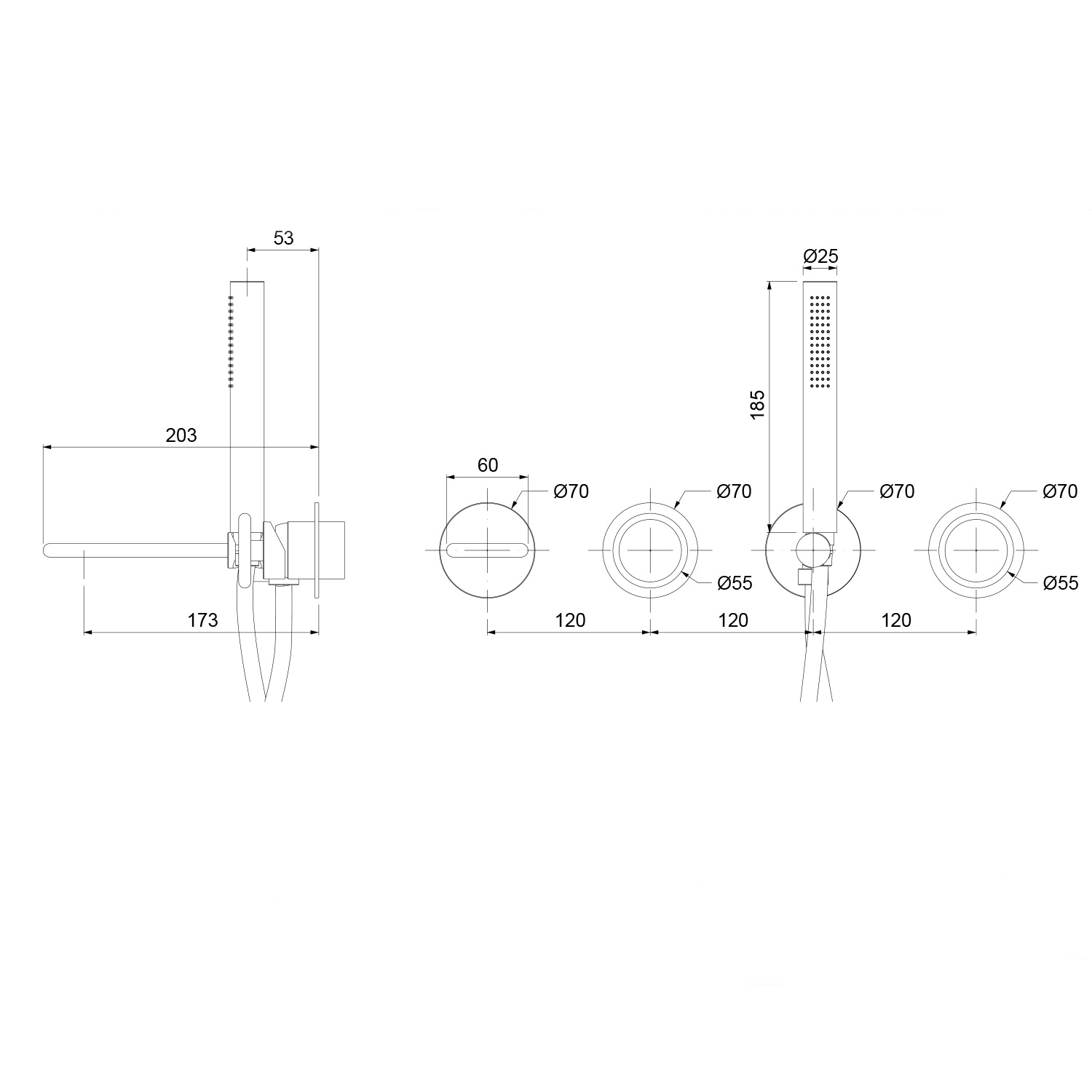 GLEV109WOC00 GLAM 4 Hole Wall Mounted Bath Mixer Set 20cm Spout & Hand Shower Kit technical