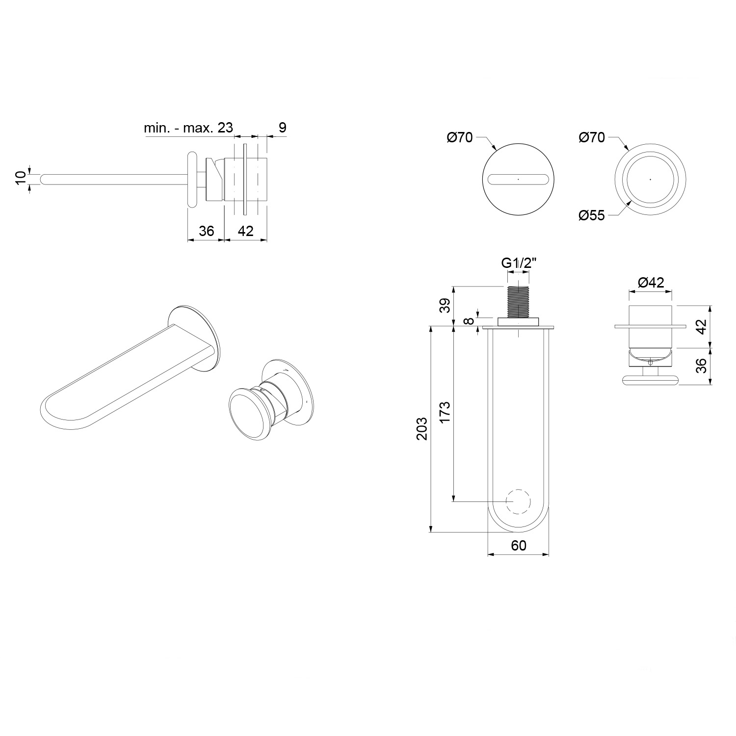 GLLT102WOC00 GLAM 2 Hole Wall Mounted Basin Mixer 200mm Spout technical