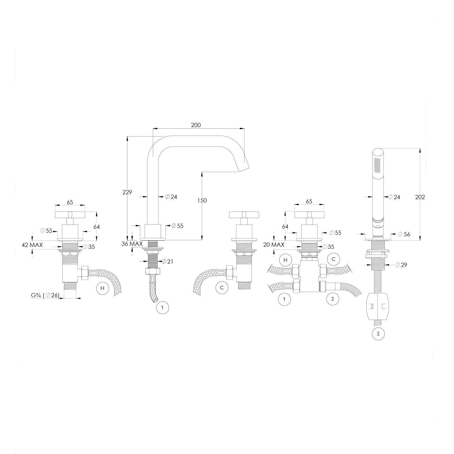 WOBO BA2000 Deck Mounted 5 Hole Bath Filler With Pull Out Handspray technical