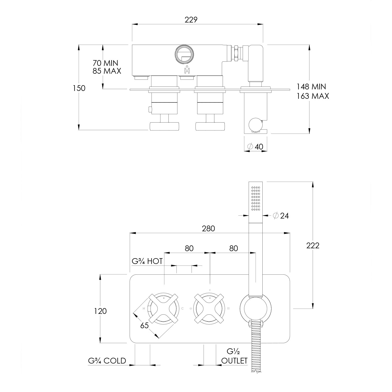 WOBO BA3004 Coalbrook 2 Outlet Thermostatic With Handshower technical