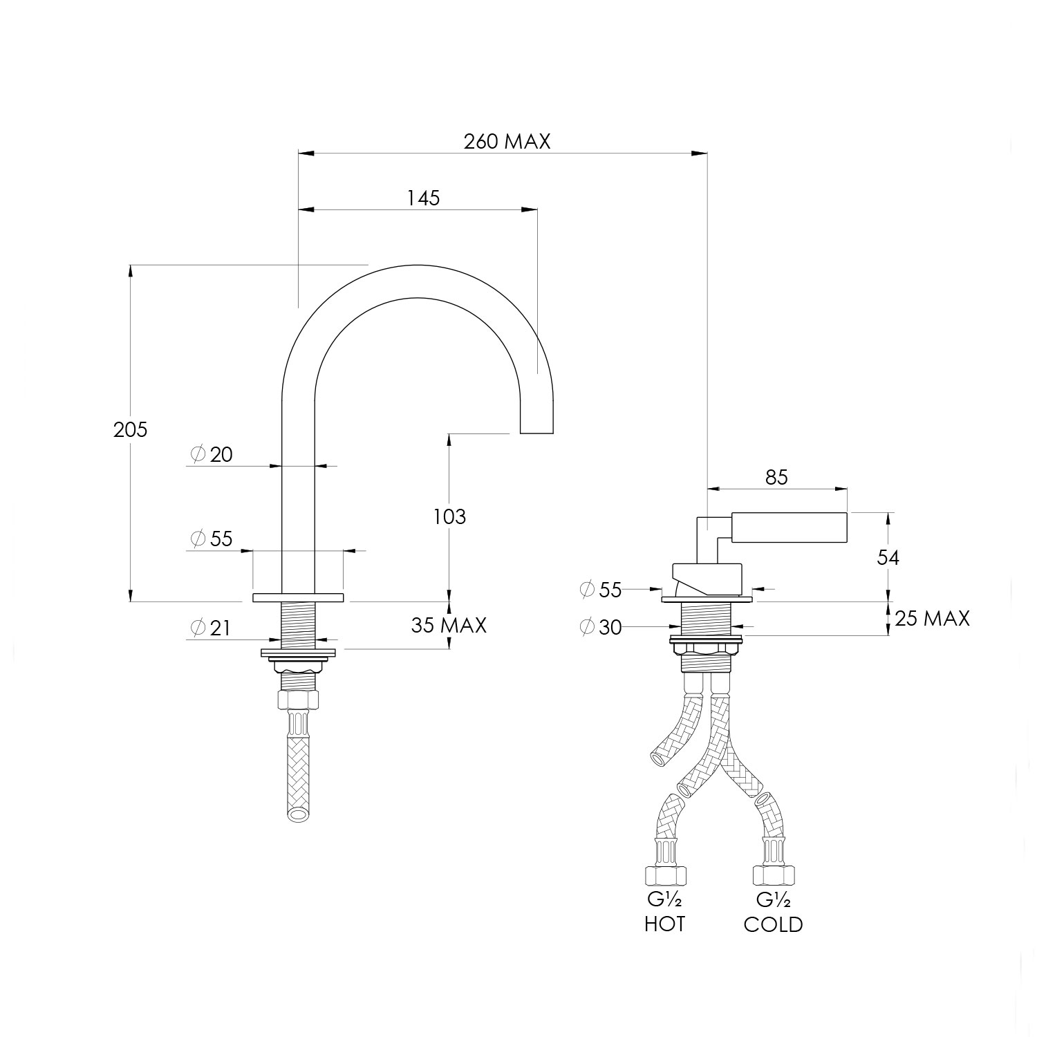 WOBO ZU1003 Deck Mounted 2 Hole Basin Mixer technical