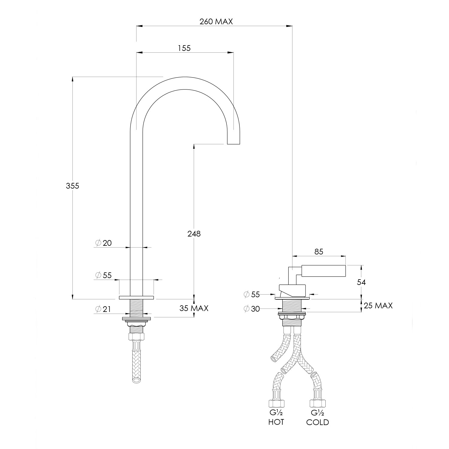 WOBO ZU1004 Deck Mounted 2 Hole Basin Mixer technical