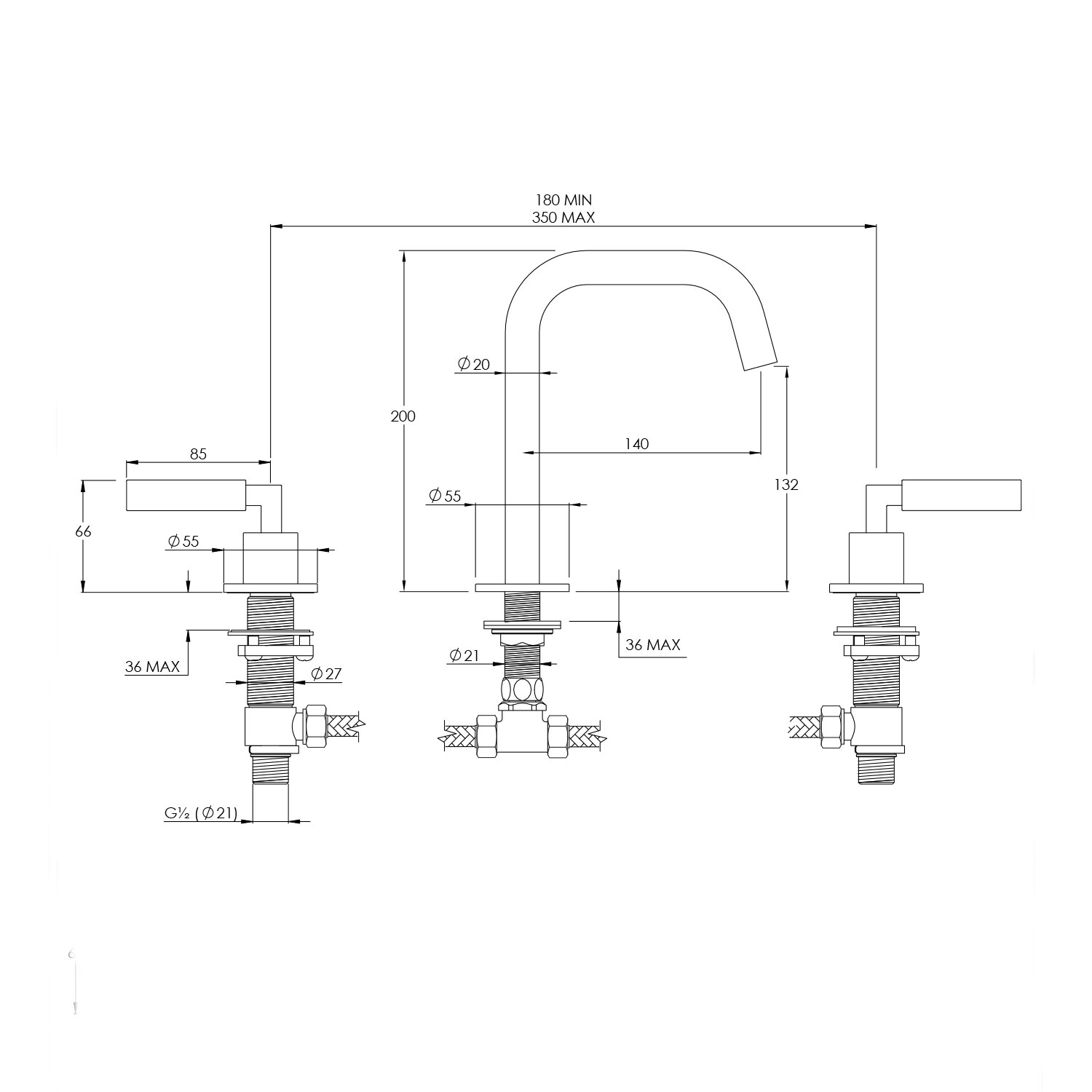 WOBO ZU1005 Deck Mounted 3 Hole Basin Mixer With Angled Spout technical