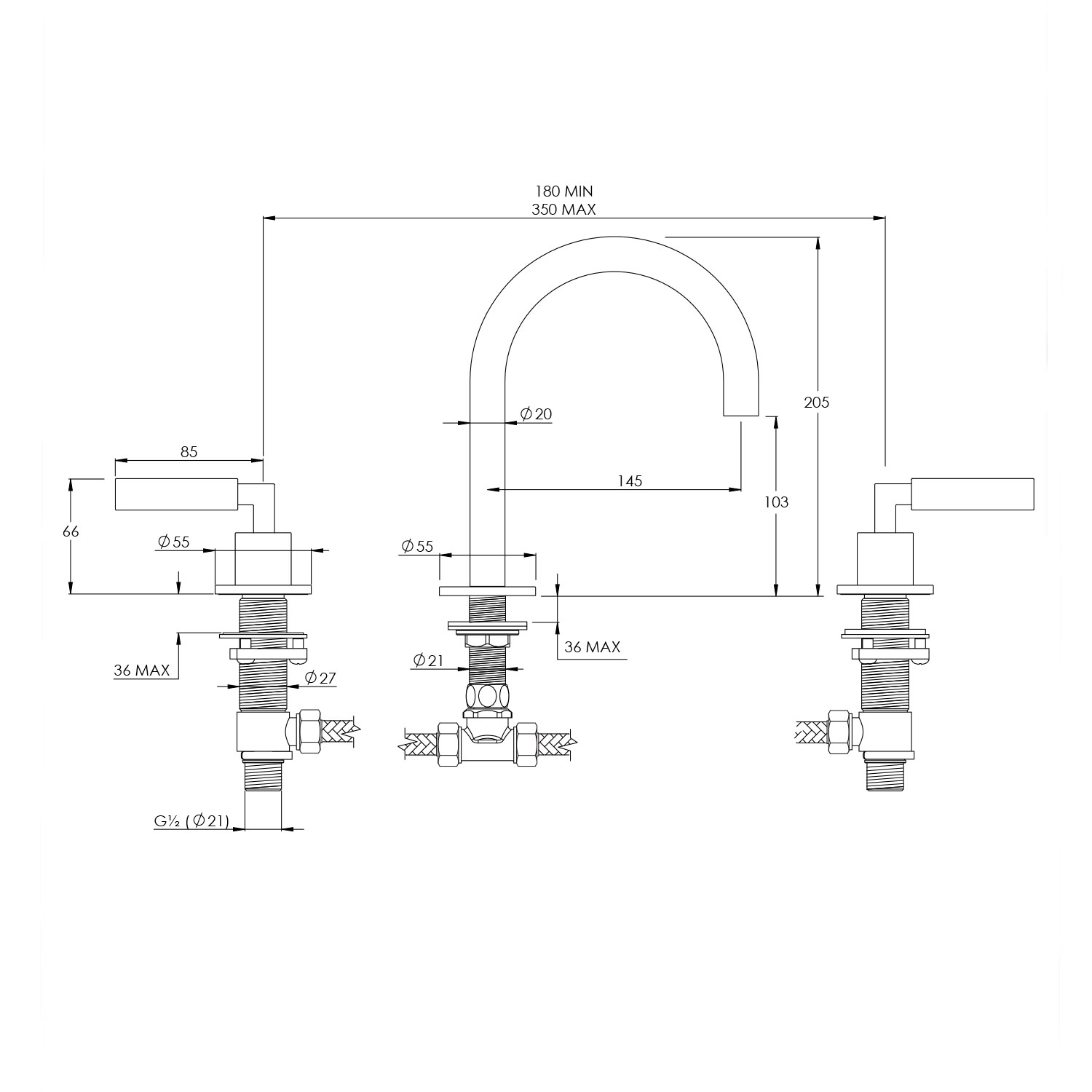 WOBO ZU1006 Deck Mounted 3 Hole Basin Mixer With Round Spout technical