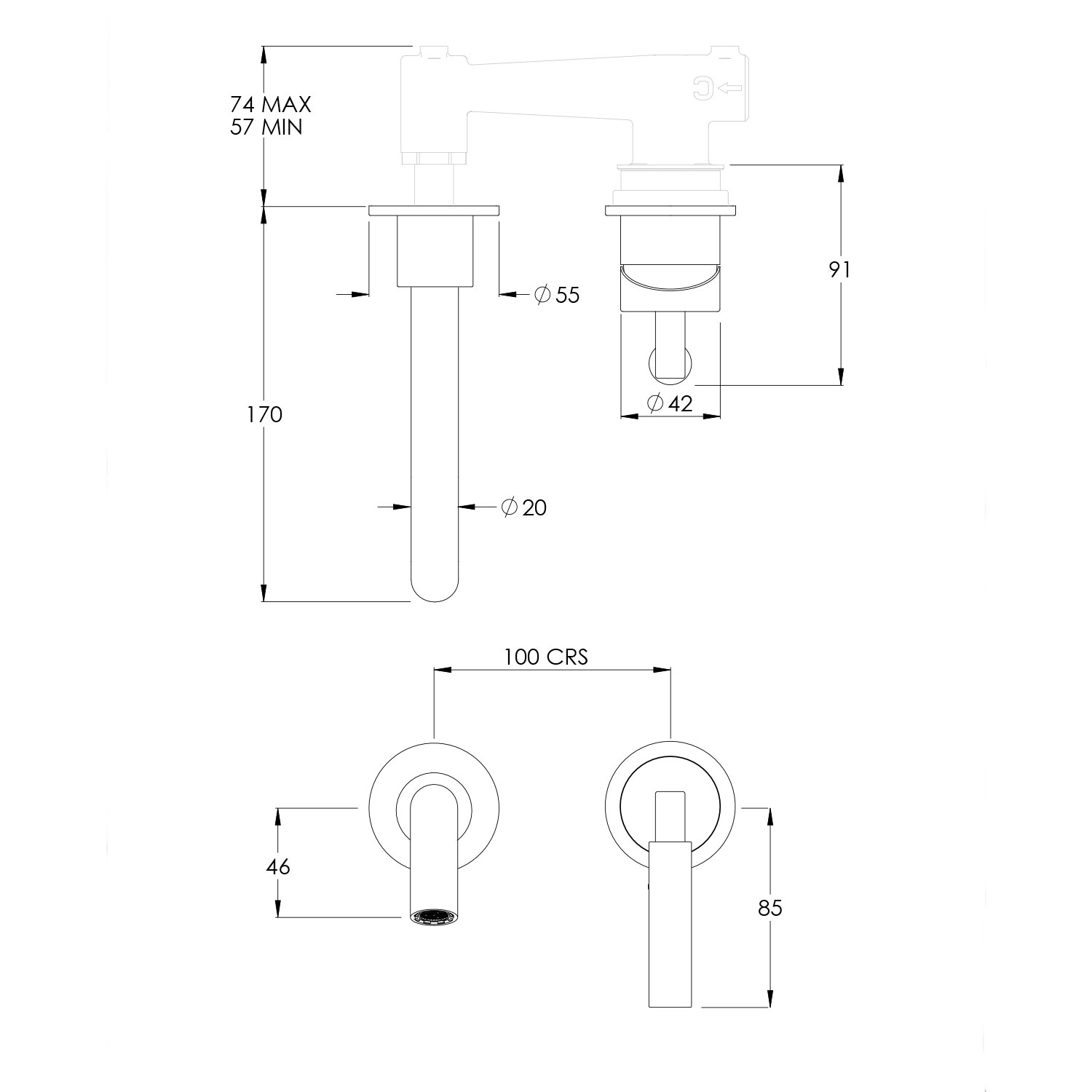 WOBO ZU1007 Wall Mounted 2 Hole Basin Mixer technical