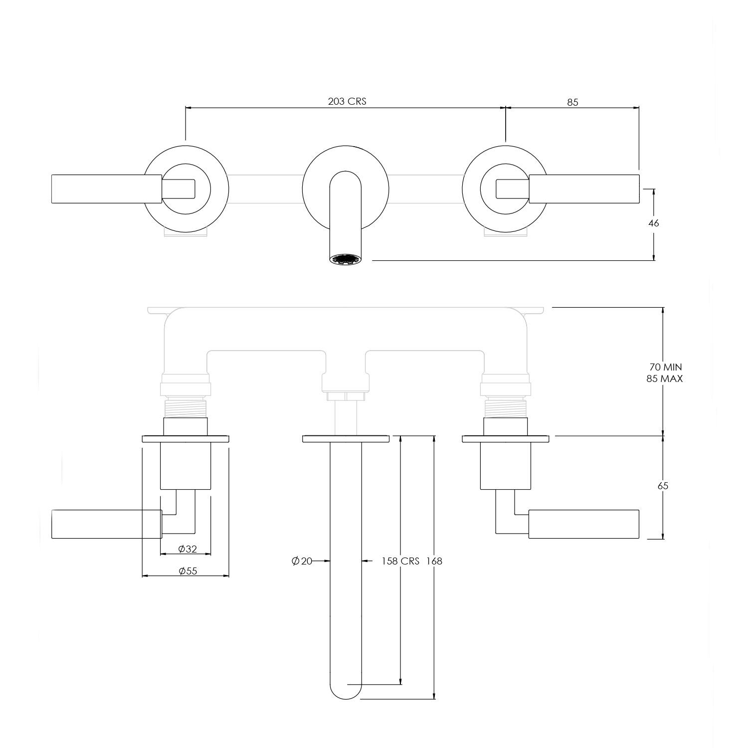 WOBO ZU1008 Wall Mounted 3 Hole Basin Mixer technical