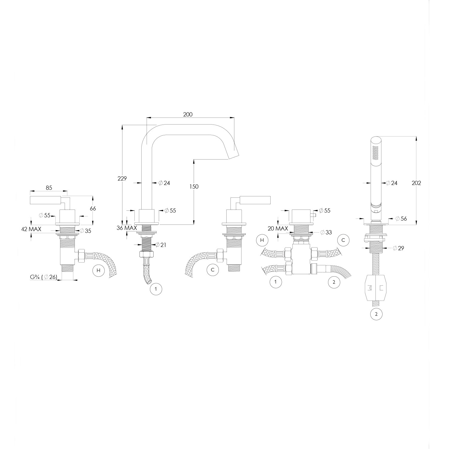 WOBO ZU2000 Deck Mounted 5 Hole Bath Filler With Pull Out Handspray technical