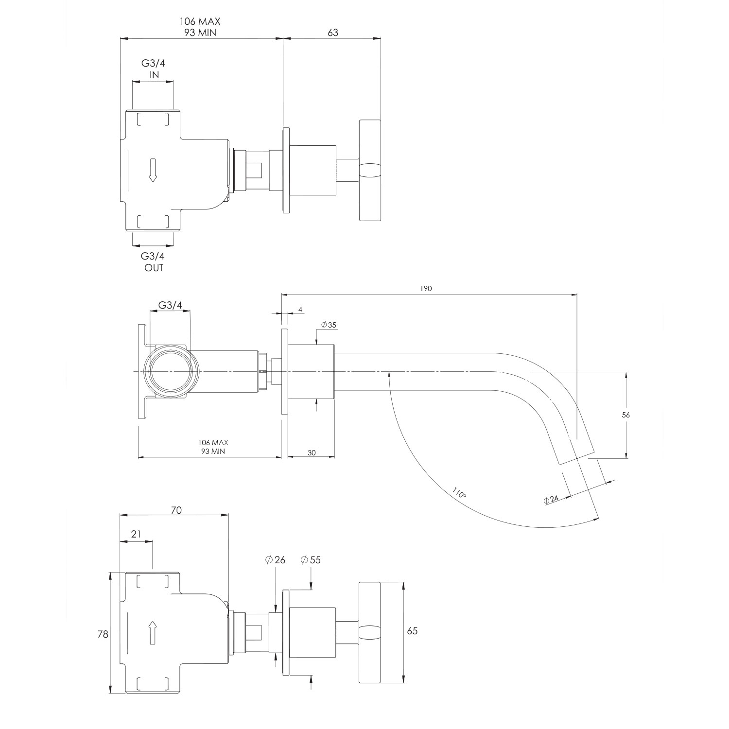 WOBO ZU2005 3 Hole Wall Mounted Bath Filler technical