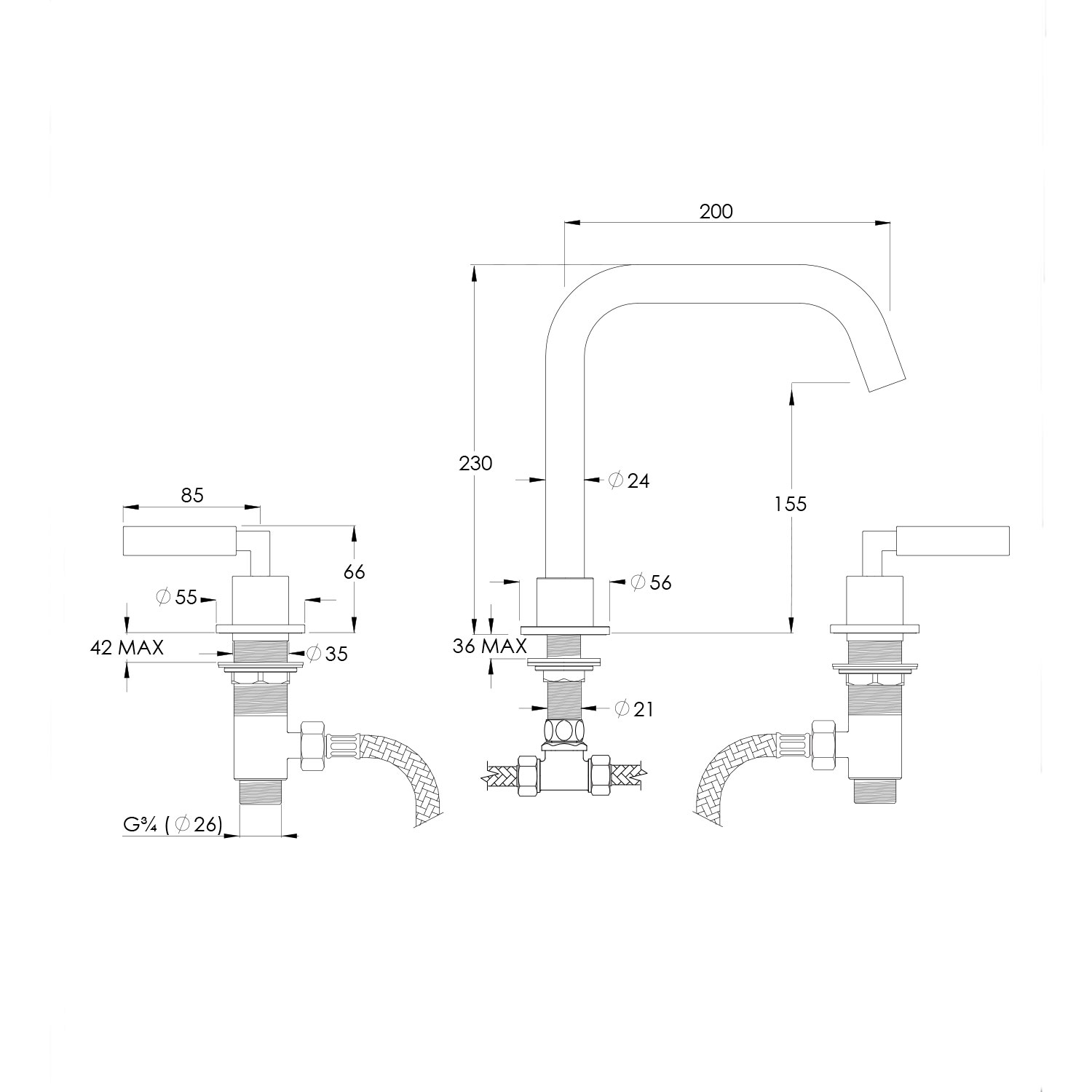 WOBO ZU2006 3 Hole Deck Mounted Bath Filler technical