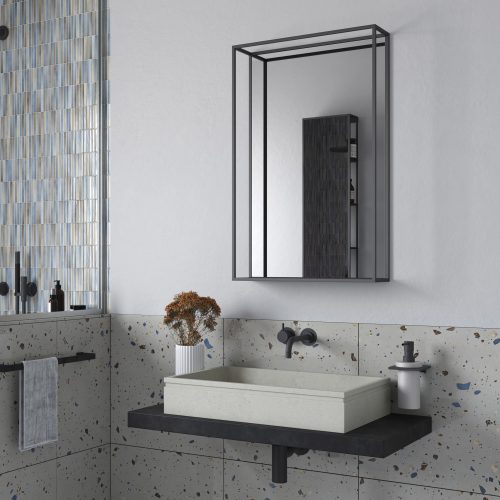 West One Bathrooms Online DKL 002058 BK docklands mirror with shelf 50 black 50x80cm l01