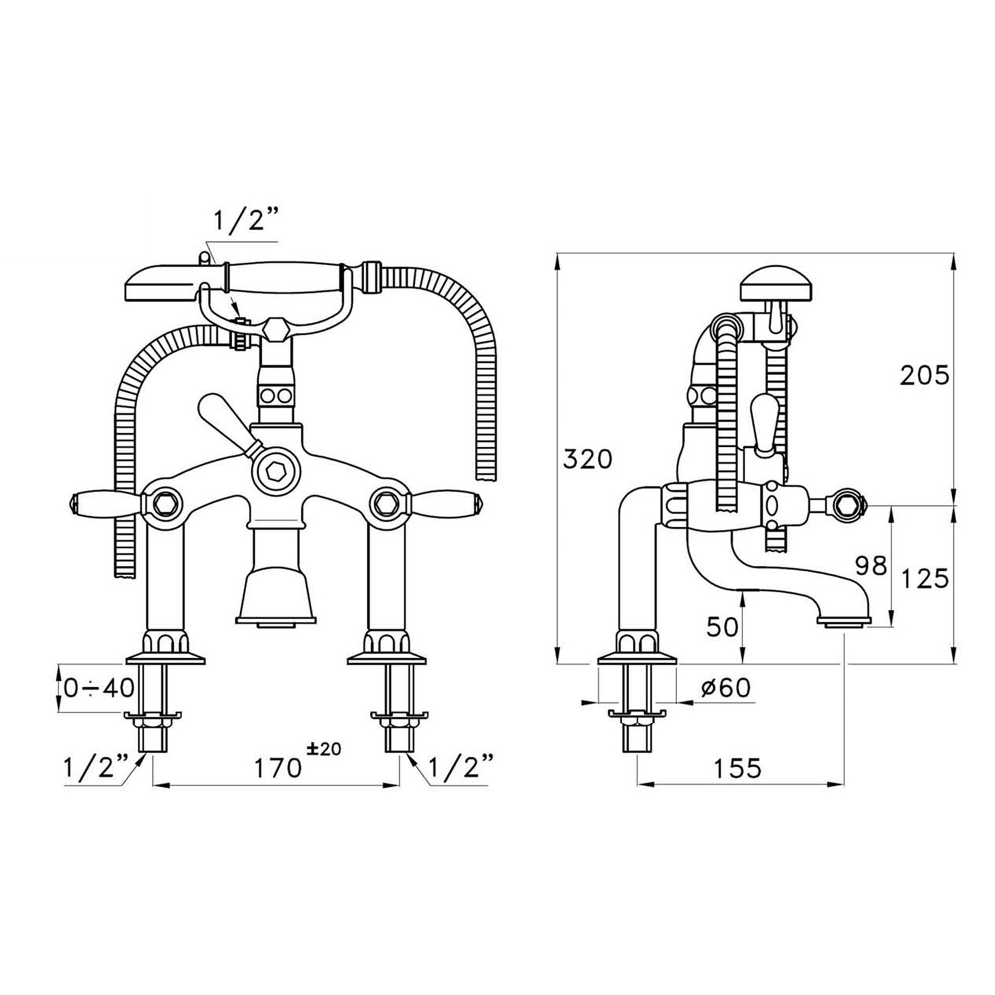 west one bathrooms online 1920 Lever Deck Mounted Bath Shower Mixer technical